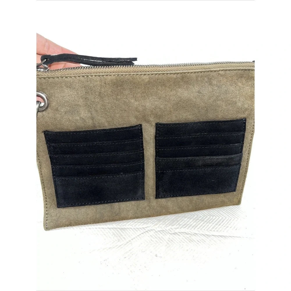Free People Suede & Canvas Essential Clutch Wristlet Green/Black Trendy Casual